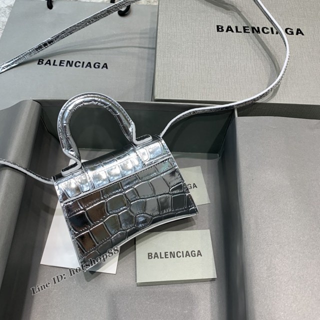 Balenciaga專櫃爆款迷你鱷魚紋銀色手提女包 巴黎世家mini Hourglass沙漏包 fyj1928